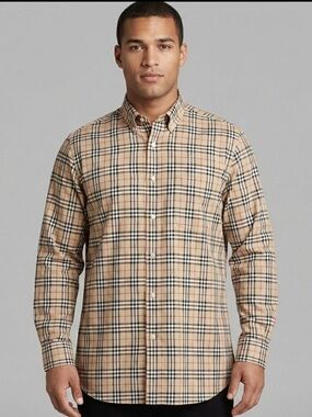 Burberry London Nova Check Tan Plaid Men’s Long Sleeve Cotton Button-Down Shirt